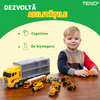 Set Camion Trailer de Jucarie pentru Transport Teno1165, seria utilaje de constructie, 11 masinute incluse, bulldozer, utilaje, tir, accesorii mobile, lansator si rampa frontala, platforma tractare, galben
