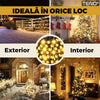Instalatie de Craciun Liniara cu Panou Solar Teno413, 100 LED-uri, 8 jocuri de lumini, alimentare la priza, fir verde, interior/exterior, rezistenta la apa, 10 m, alb cald