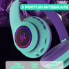 Casti Wireless Model Pisica Teno1666, overear, urechi de pisica cu iluminare RGB, bluetooth 5.0, handsfree, HiFi, bass stereo, menta/mov
