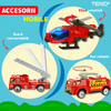 Set Camion Trailer de Jucarie pentru Transport Teno1164, seria pompieri, 10 masinute incluse, ambulanta, utilaje, tir, accesorii mobile, lansator si rampa frontala, platforma tractare, rosu