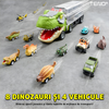 Set Camion Trailer de Jucarie pentru Transport Teno1168, T-REX, 12 vehicule incluse, masina, barca, elicopter, accesorii mobile, lansator si rampa frontala, platforma tractare, verde deschis