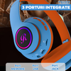 Casti Wireless Model Pisica Teno1667, overear, urechi de pisica cu iluminare RGB, bluetooth 5.0, handsfree, HiFi, bass stereo, albastru/portocaliu
