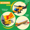 Set Camion Trailer de Jucarie pentru Transport Teno1165, seria utilaje de constructie, 11 masinute incluse, bulldozer, utilaje, tir, accesorii mobile, lansator si rampa frontala, platforma tractare, galben