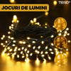 Instalatie de Craciun Liniara cu Panou Solar Teno413, 100 LED-uri, 8 jocuri de lumini, alimentare la priza, fir verde, interior/exterior, rezistenta la apa, 10 m, alb cald