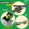 Set Camion Trailer de Jucarie pentru Transport Teno1166, seria armata, 10 masinute incluse, jeep, tanc, tir, elicopter, accesorii mobile, lansator si rampa frontala, platforma tractare, verde