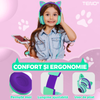 Casti Wireless Model Pisica Teno1666, overear, urechi de pisica cu iluminare RGB, bluetooth 5.0, handsfree, HiFi, bass stereo, menta/mov
