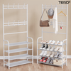 Cuier pentru Haine 2 in 1 cu Pantofar Teno1127, 5 rafturi, 8 agatatoare duble, plasa textila, metalic, 60 x 170 x 26 cm, alb