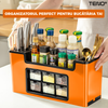Organizator Multifunctional pentru Bucatarie Teno601, 6 Compartimente, raft condimente, suport detasabil telefon, tavita de scurgere, suport tacamuri/ustensile, portocaliu