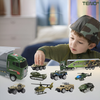 Set Camion Trailer de Jucarie pentru Transport Teno1166, seria armata, 10 masinute incluse, jeep, tanc, tir, elicopter, accesorii mobile, lansator si rampa frontala, platforma tractare, verde