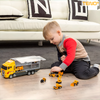 Set Camion Trailer de Jucarie pentru Transport Teno1165, seria utilaje de constructie, 11 masinute incluse, bulldozer, utilaje, tir, accesorii mobile, lansator si rampa frontala, platforma tractare, galben