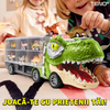 Set Camion Trailer de Jucarie pentru Transport Teno1168, T-REX, 12 vehicule incluse, masina, barca, elicopter, accesorii mobile, lansator si rampa frontala, platforma tractare, verde deschis