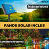 Instalatie de Craciun Liniara cu Panou Solar Teno413, 100 LED-uri, 8 jocuri de lumini, alimentare la priza, fir verde, interior/exterior, rezistenta la apa, 10 m, alb cald