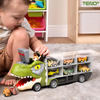 Set Camion Trailer de Jucarie pentru Transport Teno1168, T-REX, 12 vehicule incluse, masina, barca, elicopter, accesorii mobile, lansator si rampa frontala, platforma tractare, verde deschis